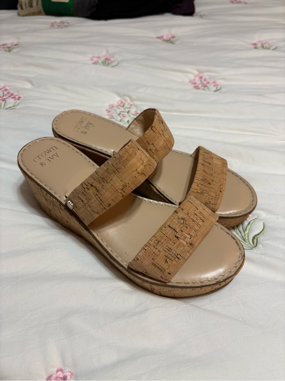 crown & ivy Cork Double-Strap Wedge Sandals in Natural